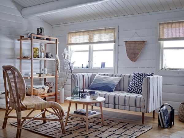 Fehér kétszemélyes kanapé skandináv stílus csíkos mintázatú textil